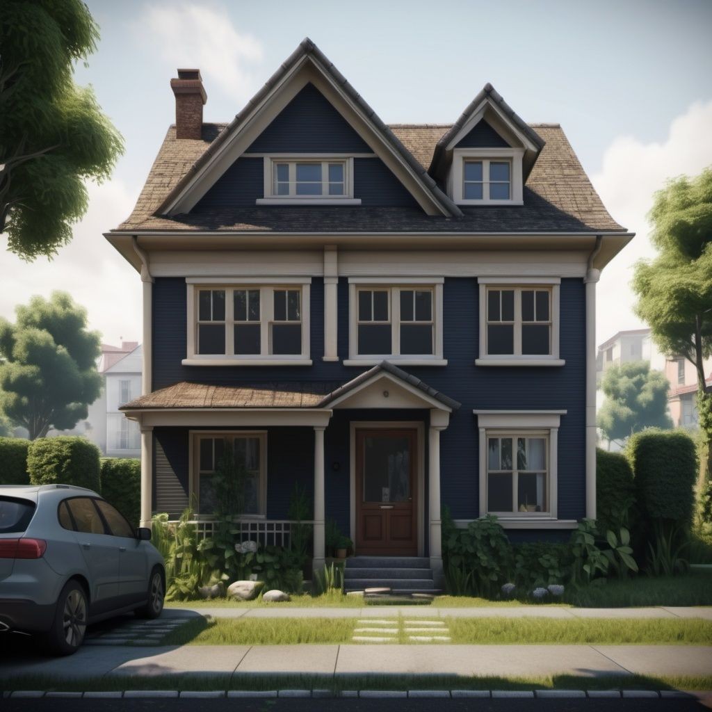 Charming two-story blue house with front porch, surrounded by greenery and parked car.