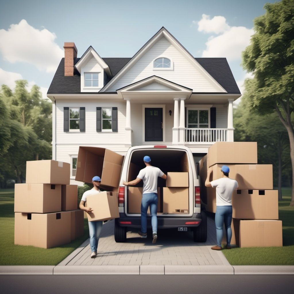 Movers unloading cardboard boxes from a van in front of a suburban house with a grassy lawn.